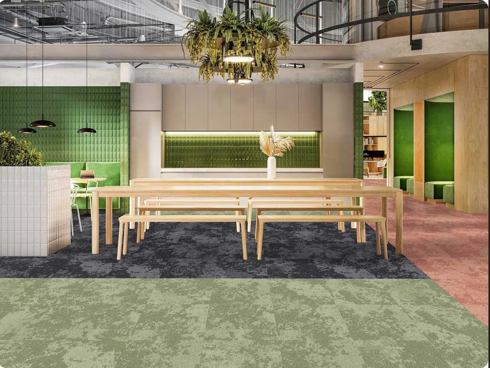 Multi-zone collaboration space with office carpet tiles