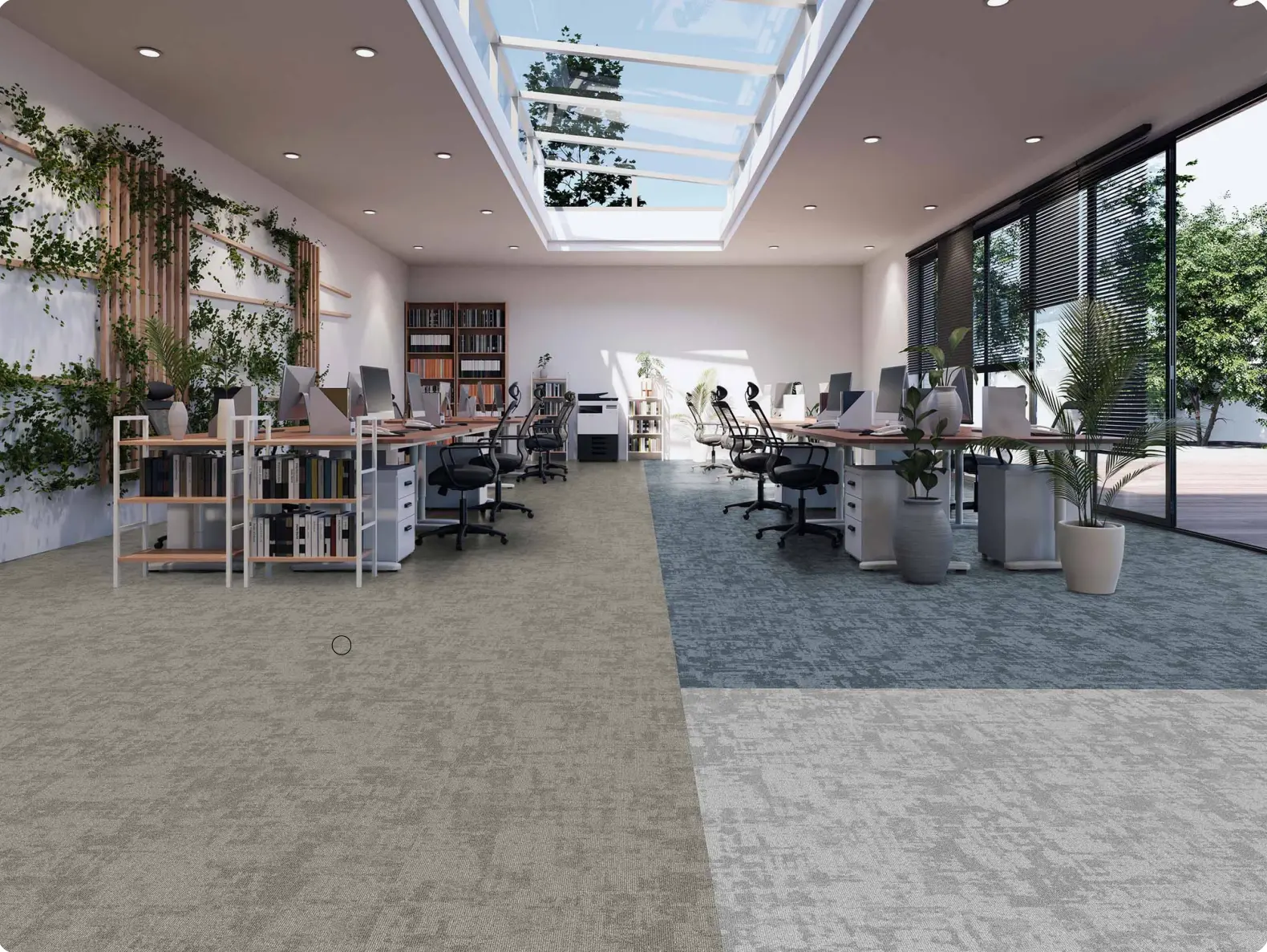 Daylit office workspace with office carpet tiles